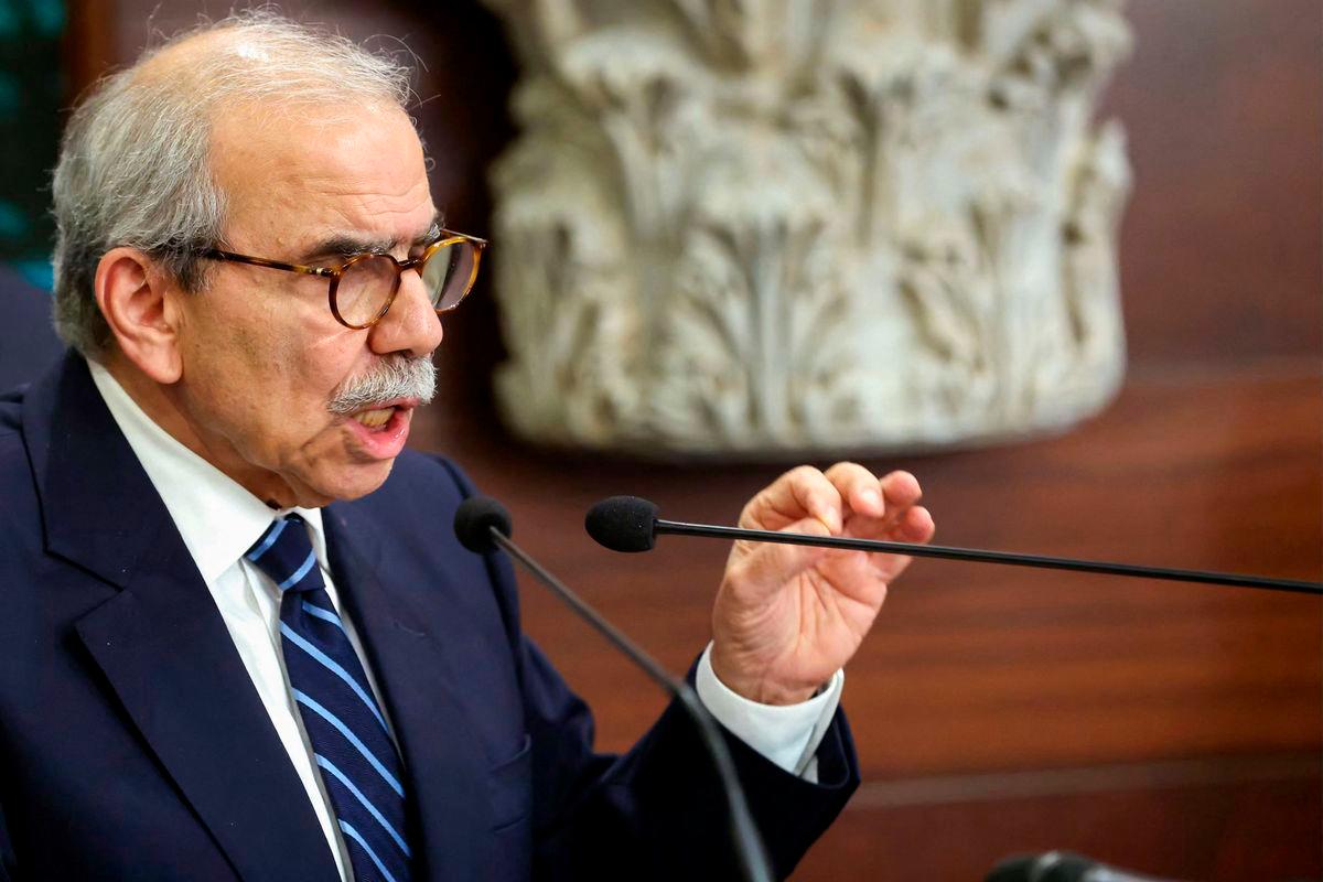 Lebanon’s ebanon’s Prime Minister Nawaf Salam speaking to the press after a cabinet session to discuss the issue of disarming Hezbollah at the presidential palace of Baabda east of Beirut. (Photo by Lebanese Presidency / AFP)