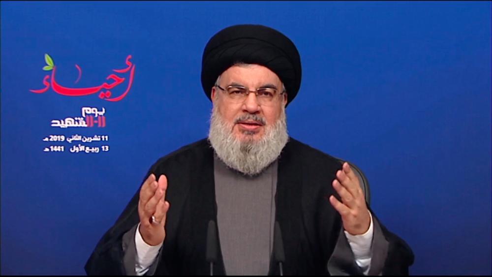 An image grab taken from Hezbollah's al-Manar TV on Nov 11 shows Hassan Nasrallah, the head of Lebanon's powerful Shiite Muslim movement Hezbollah, delivers a televised address from an undisclosed location in Lebanon, as protests continued across Lebanon against the ruling class for a fourth consecutive week. — AFP