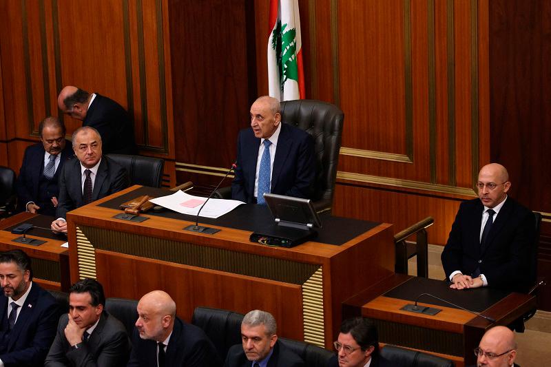 Lebanon’s parliament speaker Nabih Berri chairs a parliamentary session to elect a president, in Beirut, on January 9, 2025. Lebanese army chief Joseph Aoun, the frontrunner in today’s vote for president, is seen as a man of integrity best placed to maintain a fragile ceasefire and pull the country out of financial collapse. - ANWAR AMRO / AFP