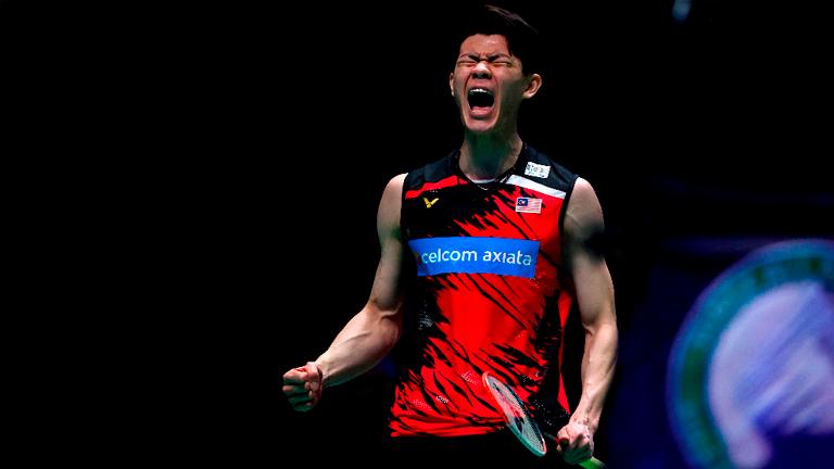 Malaysia’s Lee Zii Jia celebrates winning All England Open Badminton Championship men’s singles final against Denmark’s Viktor Axelsen at the Utilita Arena in Birmingham, England on March 21, 2021. – AFPPIX