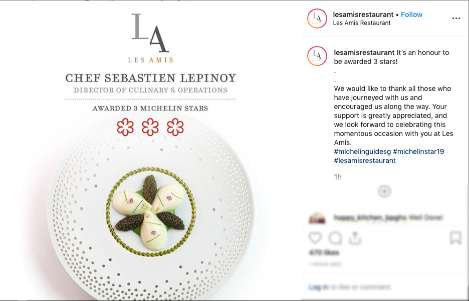 Singapore’s Les Amis, run by French-born chef Sebastian Lepinoy, was one of two restaurants to receive three Michelin stars from the gastronomic bible on Sept 17. © Les Amis Restaurant on Instagram 2019