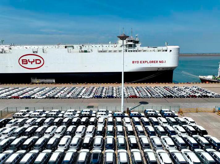 A drone view shows BYD electric vehicles before being loaded onto a vehicle carrier for export to Brazil, at the port of Lianyungang in Jiangsu province, China - REUTERSpix