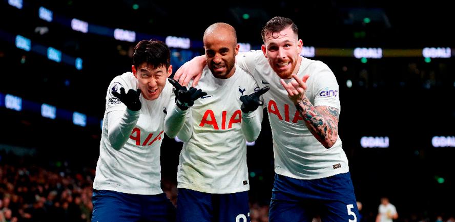 Tottenham Hotspur’s Son Heung-min (left) celebrates scoring their third goal with Lucas Moura (centre) and Pierre-Emile Hojbjerg during their English Premier League match against Norwich City. – REUTERSPIX