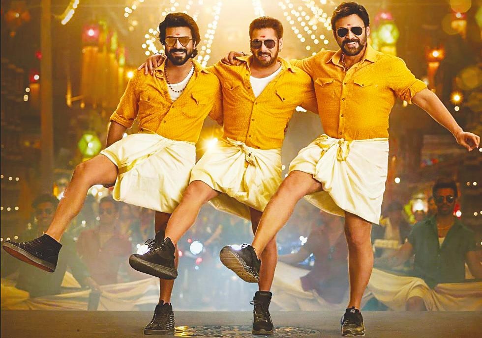 $!(From left) Ram Charan, Salman Khan and Venkatesh.