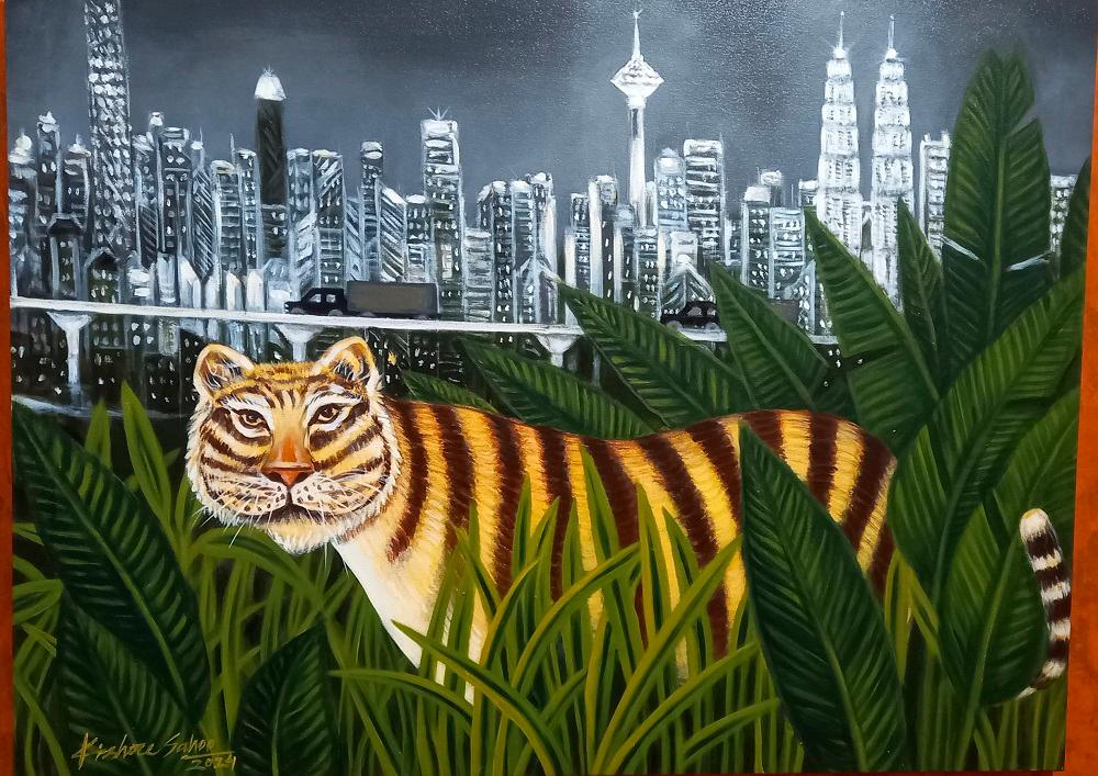 Wildlife on City Edge (acrylic on canvas) by Kishore.