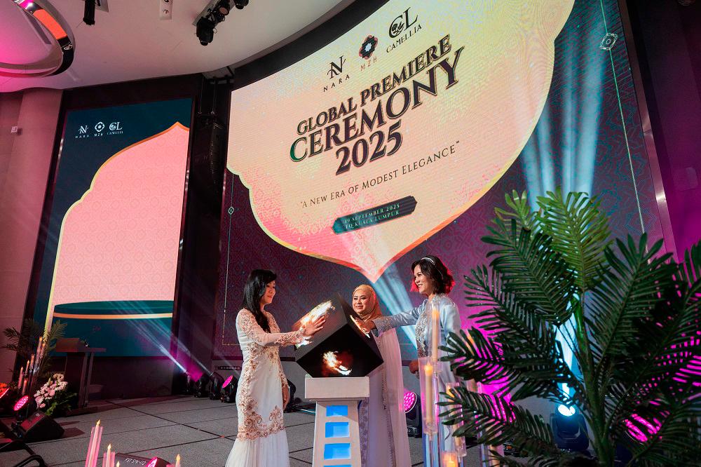 From left: YM Raja Haniza, YM Tengku Adena and Sophia at the official launch gimmick at the Global Premiere Ceremony 2025: A New Era of Modest Elegance, featuring the founders of three Muslim-friendly lifestyle brands.