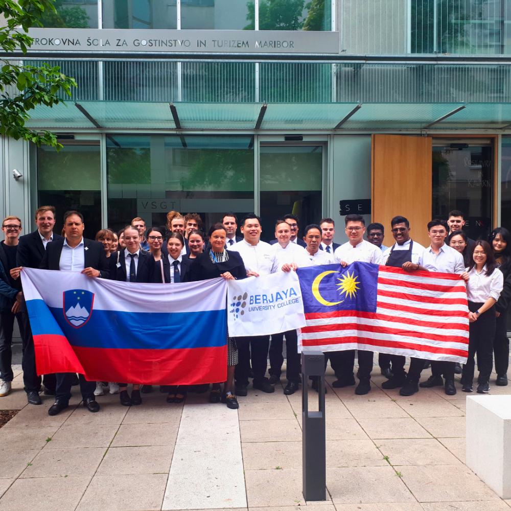 Capturing the spirit of cultural exchange! BERJAYA University College Staff and Students strike a proud pose alongside representatives from the Vocational College of Hospitality and Tourism Maribor in Slovenia.