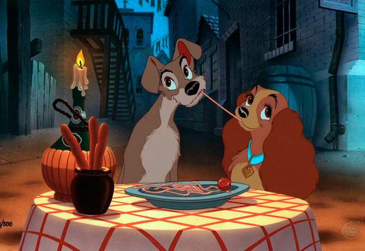 Tramp (left) and Lady sharing a romantic dinner, serenaded by the song Bella Notte. – PINTERESTPIC