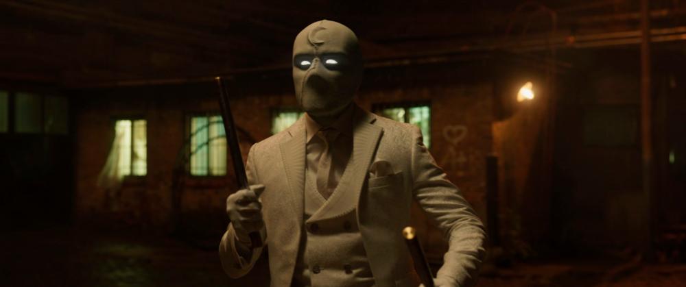 The all-white three-piece suit worn by the Mr. Knight persona. – Disney+