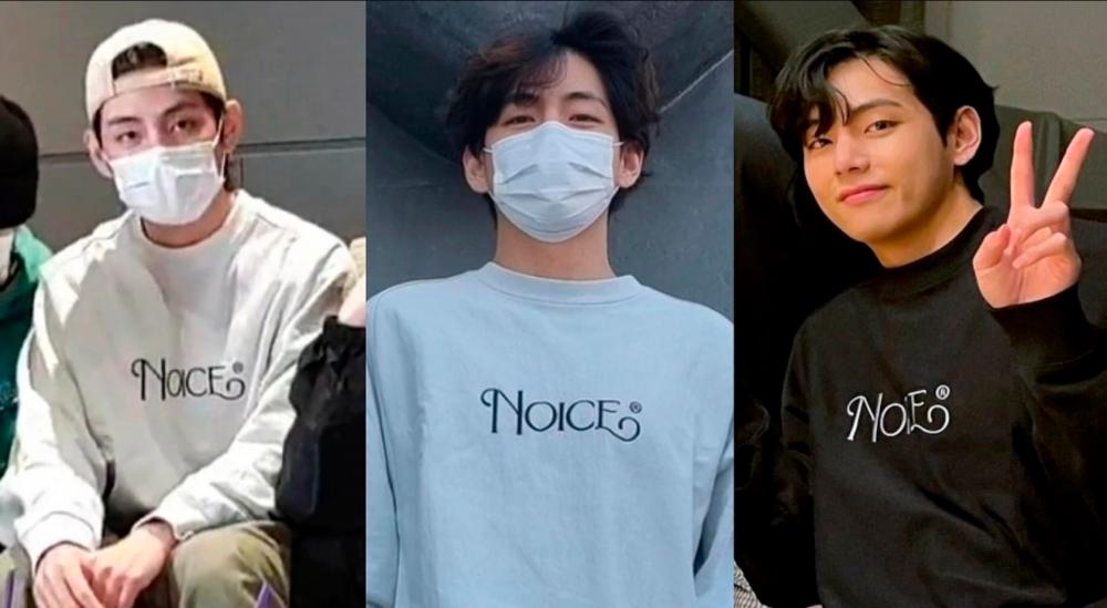 Examples of images showing V wearing Noice’s Big Logo Sweatshirt. – Twitter