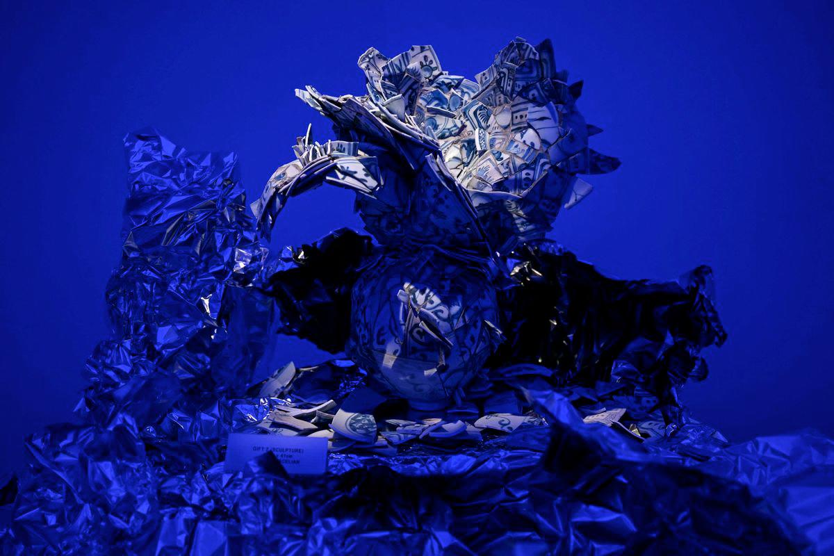 This picture taken on July 24, 2025 shows a creation by Malaysian artist Alice Chang made from shards of porcelain rescued from the historic 400-year-old Portuguese Wanli shipwreck at a gallery in Ampang, Malaysia's Selangor state. - AFPPIX