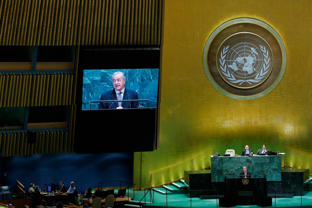 Prime Minister Tun Dr Mahathir Mohamad addresses the 74th Session of the United Nations General Assembly at UN headquarters in New York City, US, September 27, 2019. - Reuters