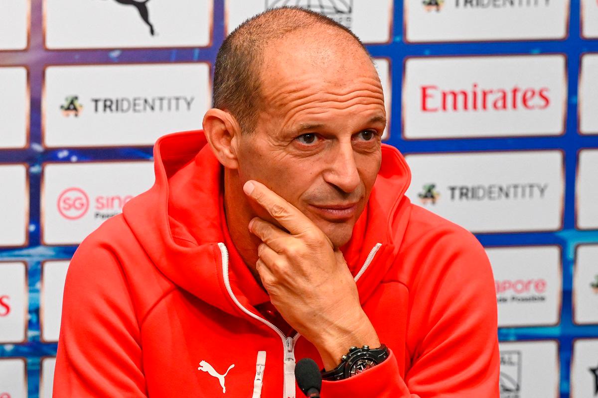 AC Milan’s manager Massimiliano Allegri attends a press conference ahead of their football match against Arsenal at the National Stadium in Singapore on July 21, 2025. - Roslan RAHMAN / AFP