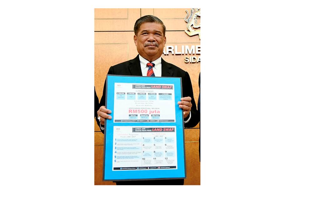 Defence Minister Mohamad Sabu shows details of land swap deals, during a press conference on May 9, 2019. — Bernama