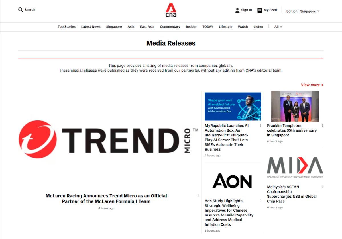 Dedicated page on CNA for Media OutReach Newswire press releases