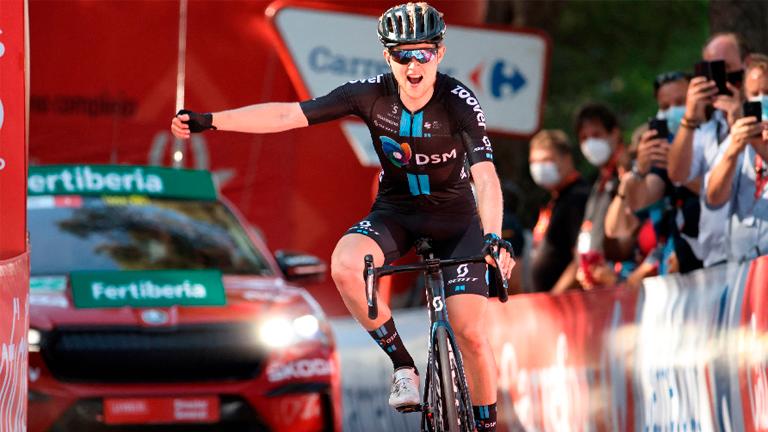 Team Sunweb’s Australian rider Michael Storer celebrates as he wins the 7th stage of the 2021 La Vuelta cycling tour of Spain on Friday. – AFPPIX