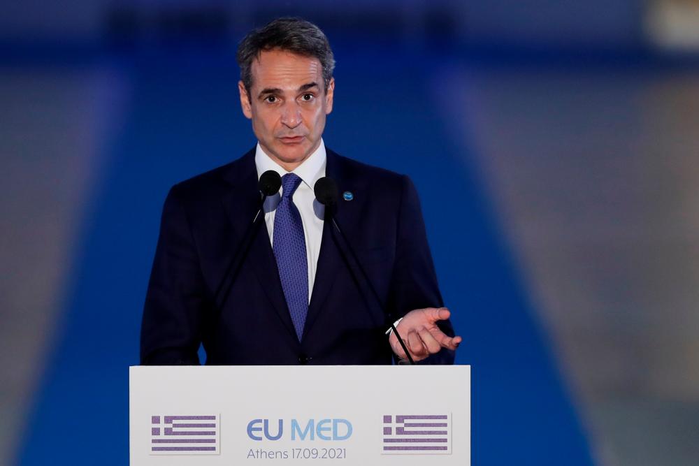 Greek Prime Minister Kyriakos Mitsotakis delivers a statement during the 8th MED7 Mediterranean countries summit, in Athens, Greece, September 17, 2021. REUTERSpix