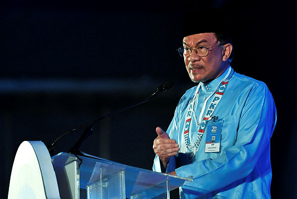 PKR president Datuk Seri Anwar Ibrahim during the PKR National Congress 2019 at the Malacca International Trade Center (MITC) today. — Bernama