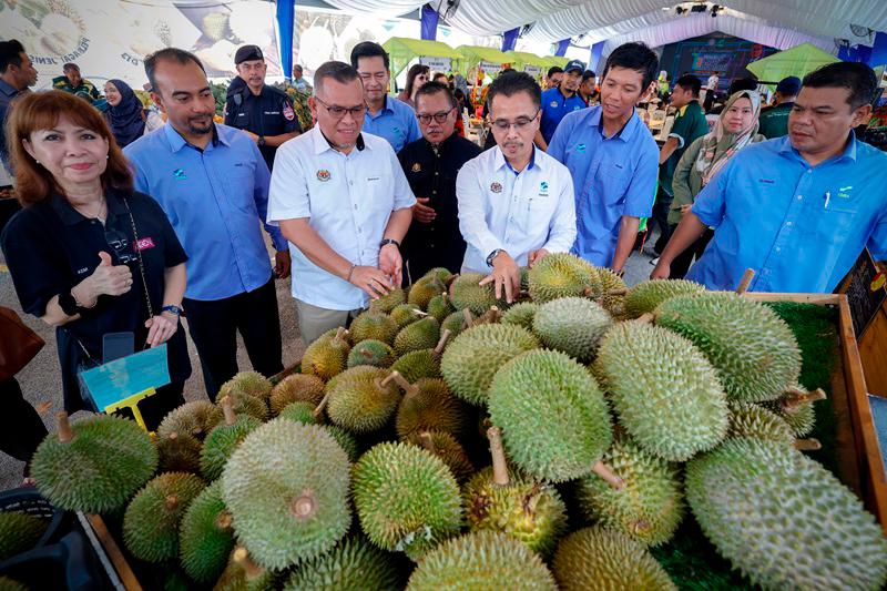 Ketua Pengarah Lembaga Pemasaran Pertanian Persekutuan (FAMA), Abdul Rashid Bahri (tengah) melihat buah durian yang dijual selepas merasmikan Program Kendurian @ Jualan Agro MADANI di perkarangan sebuah pasaraya, hari ini.Abdul Rashid berkata pencapaian Jualan Agro MADANI yang dianjurkan di 3,655 lokasi pada tahun ini sehingga 30 Jun lepas mencatatkan nilai jualan RM77.1 juta melibatkan 47,125 usahawan tempatan serta membawa nilai penjimatan kira-kira RM23.1juta kepada pelanggan. - fotoBERNAMA