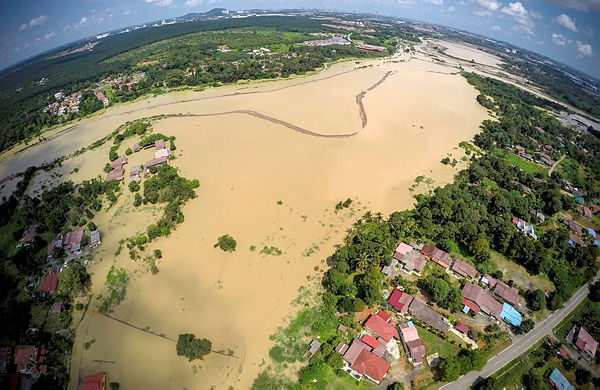 Filepix take on July 8 shows an aerial view of the flood in the Kampung Tengah Durian Tunggal area in Alor Gajah, Malacca.