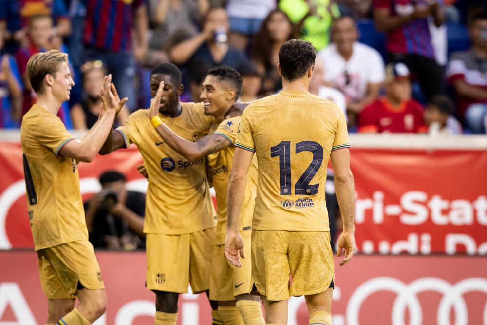 HARRISON, NJ - JULY 30: Ousmane Dembélé #7 of FC Barcelona celebrates his goal in the first half of the preseason Friendly match against New York Red Bulls at Red Bull Arena on July 30, 2022 in Harrison, New Jersey. AFPPIX
