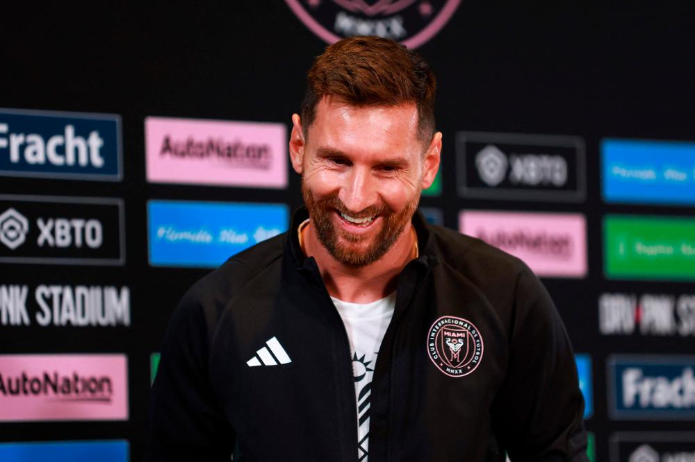 FORT LAUDERDALE, FLORIDA - AUGUST 17: Lionel Messi #10 of Inter Miami CF reacts during a press conference at DRV PNK Stadium on August 17, 2023 in Fort Lauderdale, Florida. AFPPIX