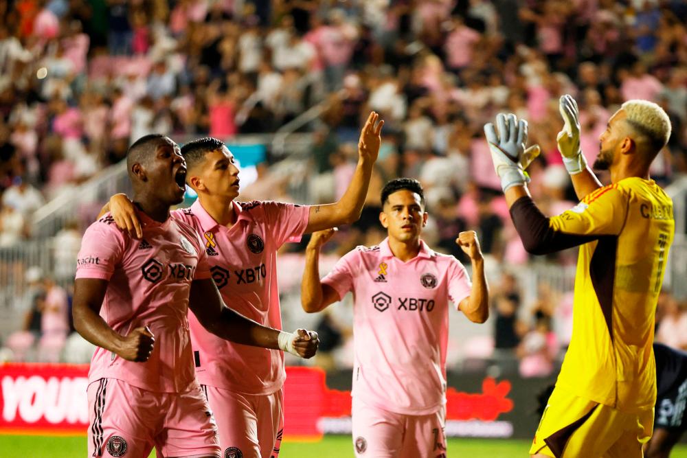 Kamal Miller #31, Tomas Aviles #6, Victor Ulloa #13 and Drake Callender #1 of Inter Miami CF celebrate their 3 to 2 win over Sporting Kansas City at DRV PNK Stadium on September 09, 2023 in Fort Lauderdale, Florida. AFPPIX