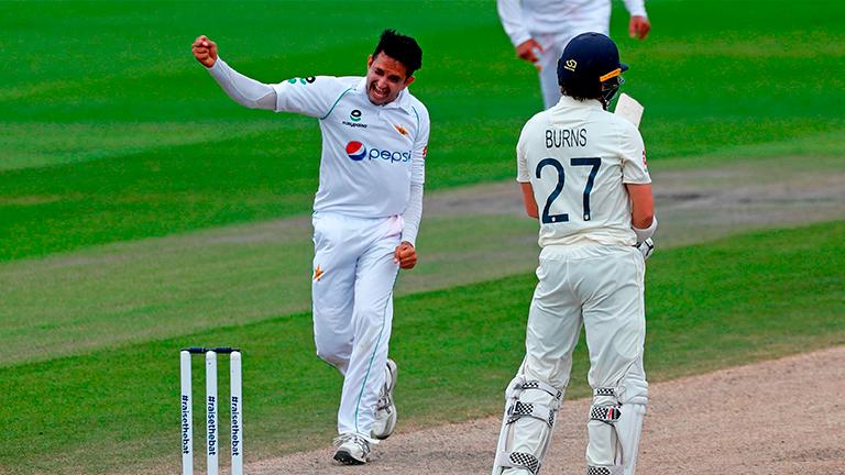 Pakistan’s Mohammad Abbas (left) celebrates after trapping England’s Rory Burns (right) lbw during play on the fourth day of the first Test cricket match at Old Trafford in Manchester on Aug 8, 2020. – AFPPIX