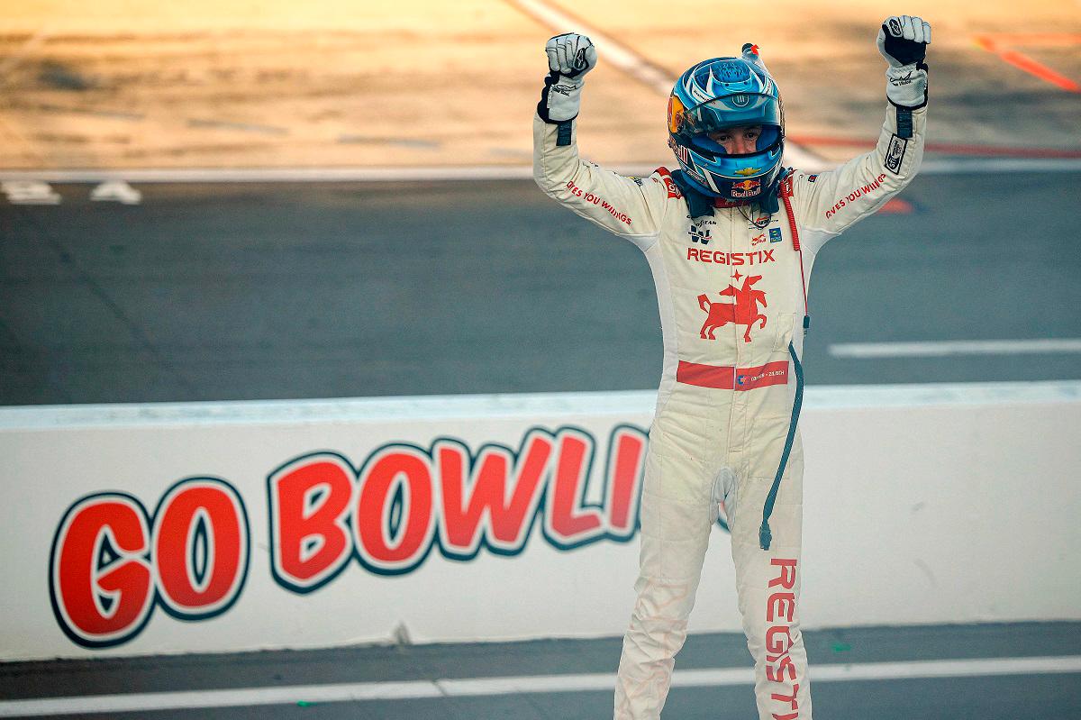 Connor Zilisch, driver of the #88 Registix Chevrolet, celebrates after winning the NASCAR Xfinity Series Mission 200. - Sean Gardner/Getty Images/AFP