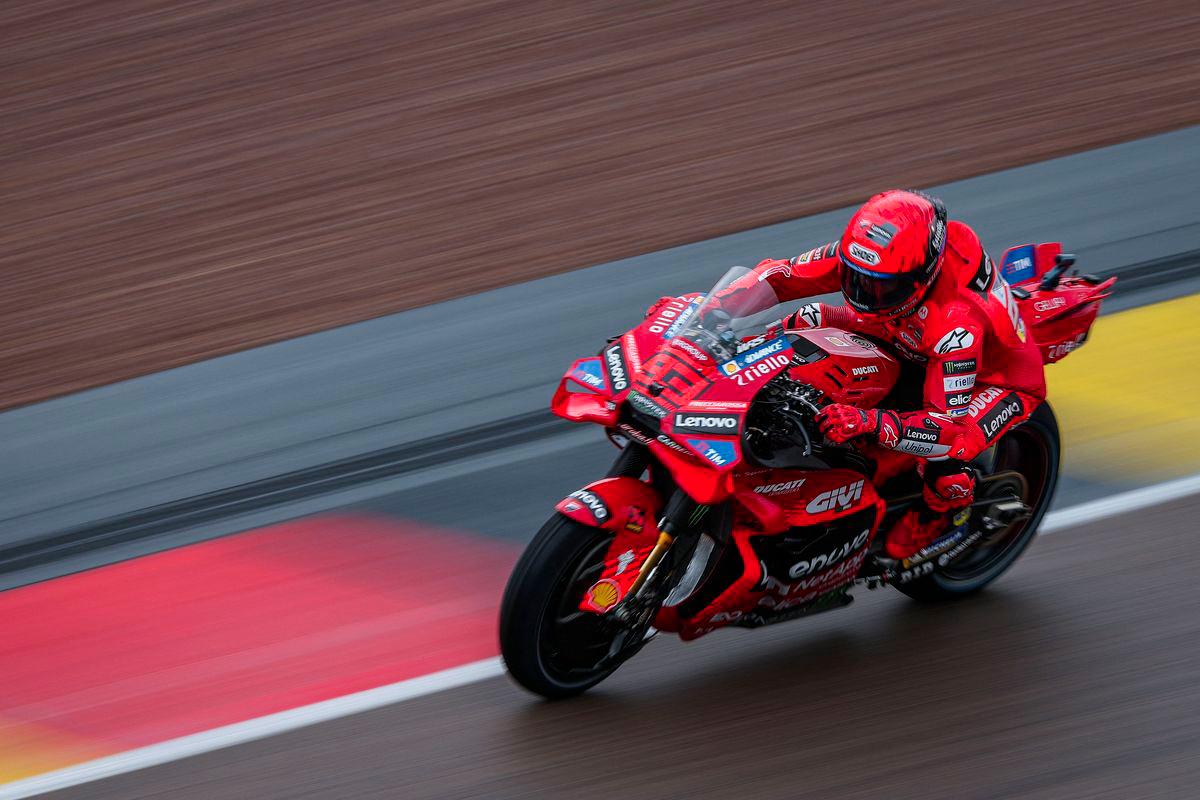 Ducati Lenovo Team's Spanish MotoGP rider Marc Marquez steers his bike during the third practice session of the MotoGP German motorcycle Grand Prix at the Sachsenring racing circuit, in Hohenstein-Ernstthal near Chemnitz, eastern Germany on July 12, 2025. - AFPPIX