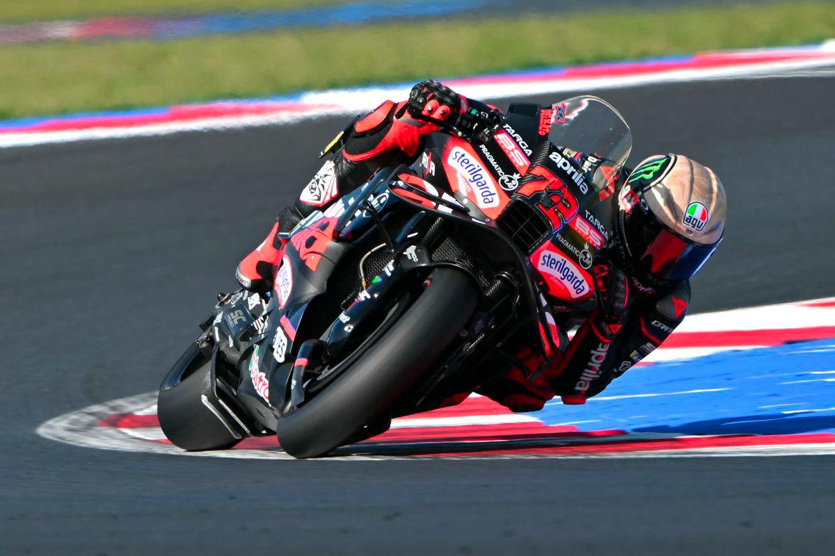 Aprilia Racing team's Italian MotoGP rider Marco Bezzecchi during the second practice session ahead of the San Marino Moto GP Grand Prix at the Misano World Circuit Marco Simoncelli, in Santa Monica-Cella, northern Italy, on September 13, 2025. - AFPPIX