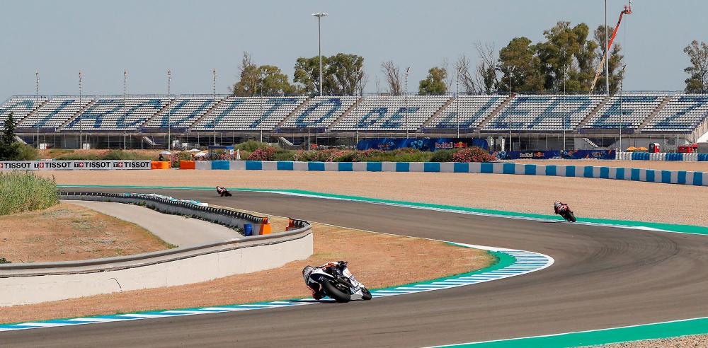 General view of empty stands while Spanish MotoGP riders continue their free training session at Jerez circuit in Jerez de la Frontera, Spain, 17 July 2020. - EPAPIX