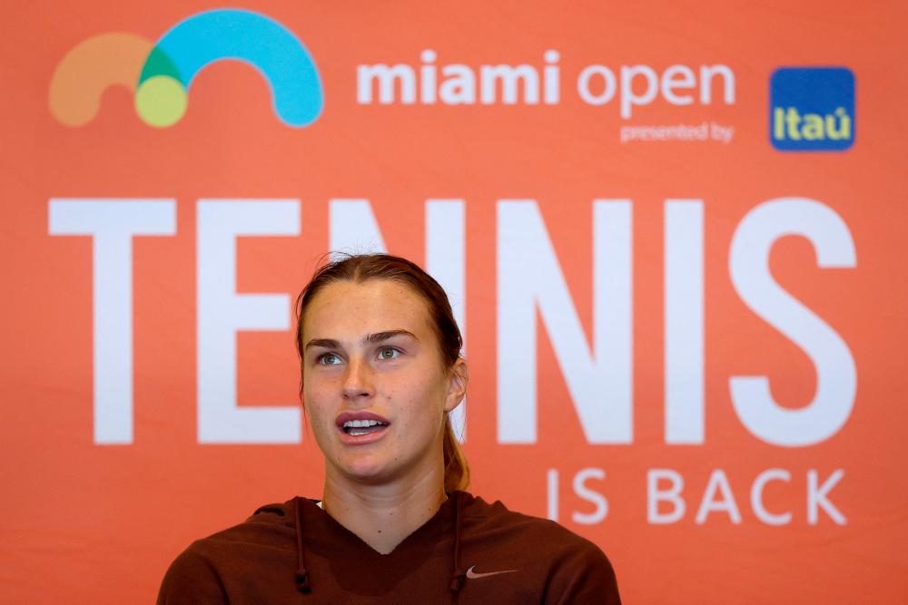 Aryna Sabalenka of Belarus fields questions from the media during the Miami Open at Hard Rock Stadium on March 21, 2023 in Miami Gardens, Florida/AFPPix