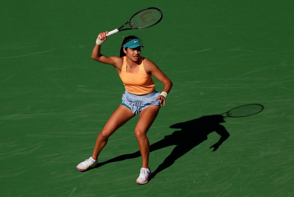 Emma Raducanu of Great Britain in action against Danka Kovinic of Montenegro in the first round during the BNP Paribas Open on March 09, 2023 in Indian Wells, California/AFPPix