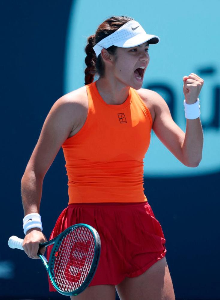 Emma Raducanu of Great Britain celebrates a shot against Emma Navarro during Day 4 of the Miami Open at Hard Rock Stadium on March 21, 2025. AFPpix