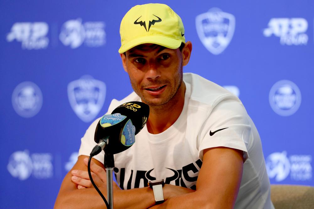 MASON, OHIO - AUGUST 14: Rafael Nadal of Spain fields questions from the media during the Western &amp; Southern Open at Lindner Family Tennis Center on August 14, 2022 in Mason, Ohio. AFPPIX