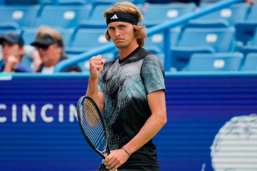 MASON, OHIO - AUGUST 15: Alexander Zverev of Germany reacts to winning a point against Grigor Dimitrov of Bulgaria during their third-round match at the Western &amp; Southern Open at Lindner Family Tennis Center on August 15, 2023 in Mason, Ohio. - AFPPIX