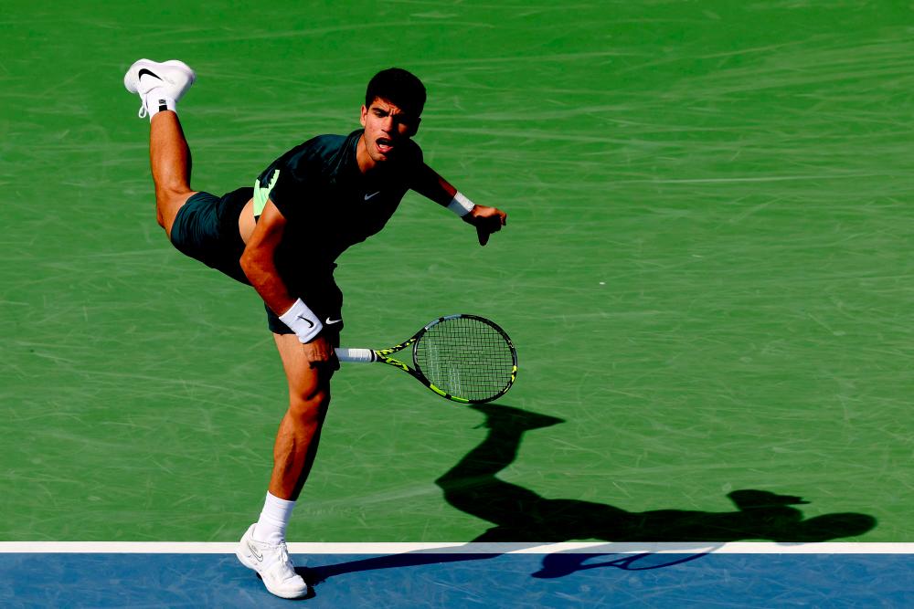 Carlos Alcaraz of Spain serves to Max Purcell of Australia during the Western &amp; Southern Open at Lindner Family Tennis Center on August 18, 2023 in Mason, Ohio/AFPPix