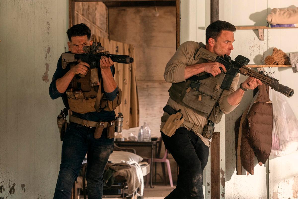 (From right) Christian (Affleck) and Brax (Bernthal) team up once again, bringing brotherly tension and firepower to the mission.