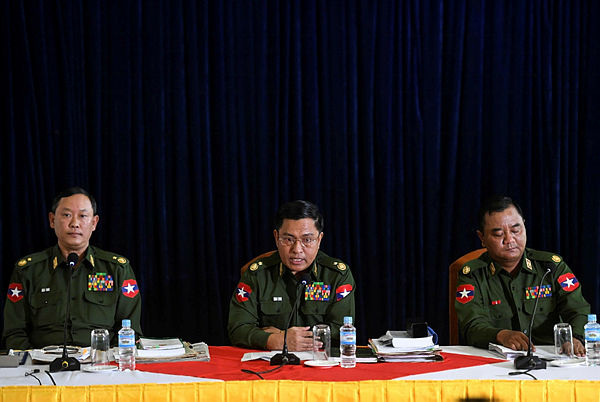 Brigadier General Zaw Min Tun (R), Major General Soe Naing Oo (C) and Major General Tun Tun Nyi of Myanmar’s military information committee attends a press conference in the Yangon division military headquarters in Yangon on Feb 23, 2019. — AFP