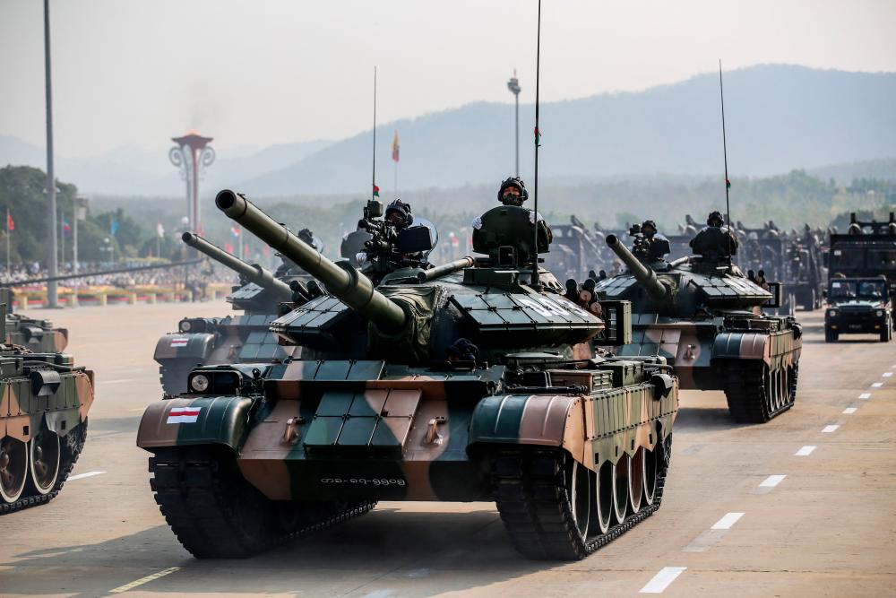 Military hardware is displayed during a parade to celebrate Myanmar’s 77th Armed Forces Day in Naypyidaw on March 27, 2022. AFPPIX