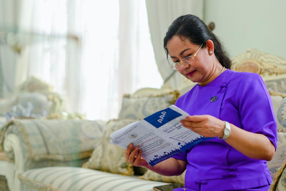 This photo taken on Aug 26, 2020 shows Thet Thet Khine, chairman of the People’s Pioneer Party (PPP), posing for a photo during an interview in her house in Yangon. — AFP