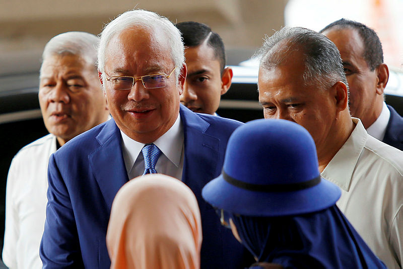 Datuk Seri Najib Abdul Razak arrives for his 1MDB trial at the Kuala Lumpur High Court, on Aug 28, 2019. — Reuters