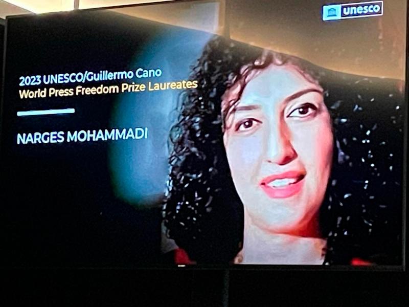 As stated by Unesco, Narges Mohammadi is one of the best-known human rights activists in Iran and has written for a range of media organisations. She is currently serving a 16-year jail sentence in Tehran’s notorious Evin prison//ZainabSalbiFBpix
