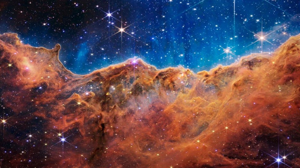 The so-called Cosmic Cliffs of a star-forming region in a part of space called the Carina Nebula, one of the James Webb Space Telescope’s first released images. AFPPIX