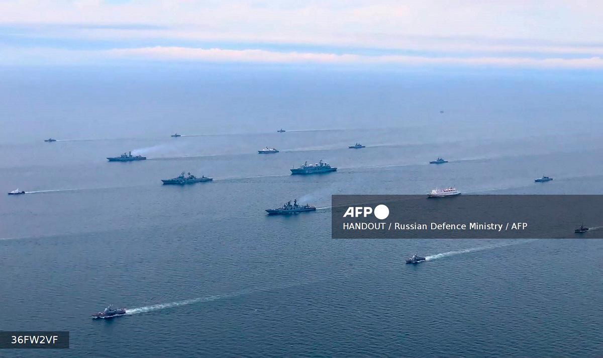 In this grab taken from a handout footage released by the Russian Defence Ministry on September 10, 2024, Russia's Pacific Fleet warships sail in the Peter the Great Gulf of the Sea of Japan during the Ocean-2024 naval drills off the far eastern city of Vladivostok. - AFP PHOTO / RUSSIAN DEFENCE MINISTRY / HANDOUT