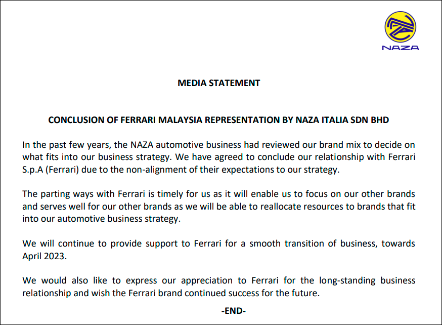 Naza Italia To End 15-Year Business Relationship With Ferrari $!Naza Italia To End 15-Year Business Relationship With Ferrari