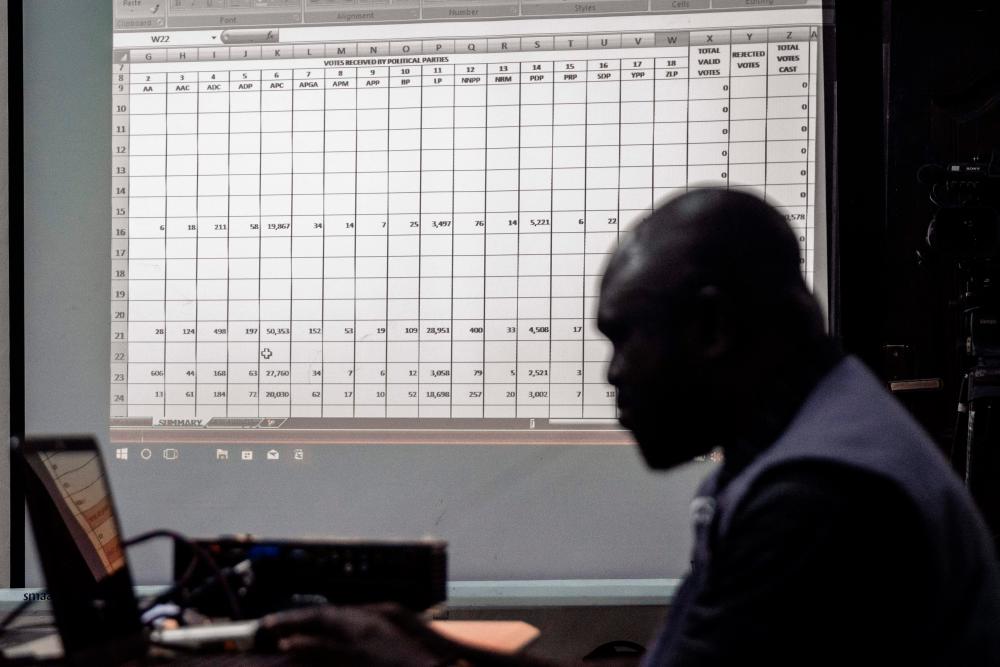 This photograph taken on February 26, 2023, shows results displayed on a screen during the collation of the presidential election results at the Independent National Electoral Commission (INEC) headquarters in Yaba, in the suburbs of Lagos, in Nigeria, on February 26, 2023. AFPPIX