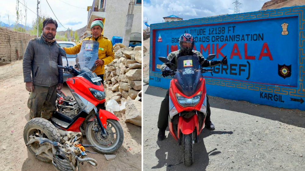 KUALA LUMPUR, Sept 17 -- Retired teacher, Mohammad Lasim Deraman, 57, shows the condition of his badly damaged Yamaha NMAX 155 scooter in Leh, Ladakh, Jammu Kashmir Province, India before being repaired to continue his solo exploration mission in seven countries for a distance of 30,000 kilometers. BERNAMAPIX