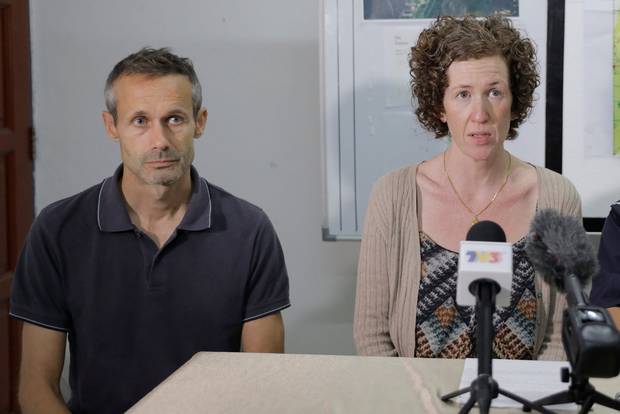 Filepix taken on Aug 12 shows Sebastien Marie Philipe and Meabh Jaseprine Quoirin, parents of 15-year-old Nora Anne Quoirin who went missing, speaking during a news conference in Seremban. — Reuters